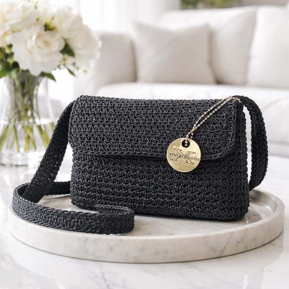 Xhilaration Black Woven Crochet Crossbody Bag with Logo Charm